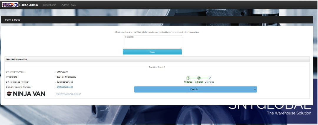 The eTRAX track and trace screen showing one consignment: order number, order date, external reference and delivery tracking number listed down the left, with an ordered, in transit, delivered progress row and the delivering courier beside it.