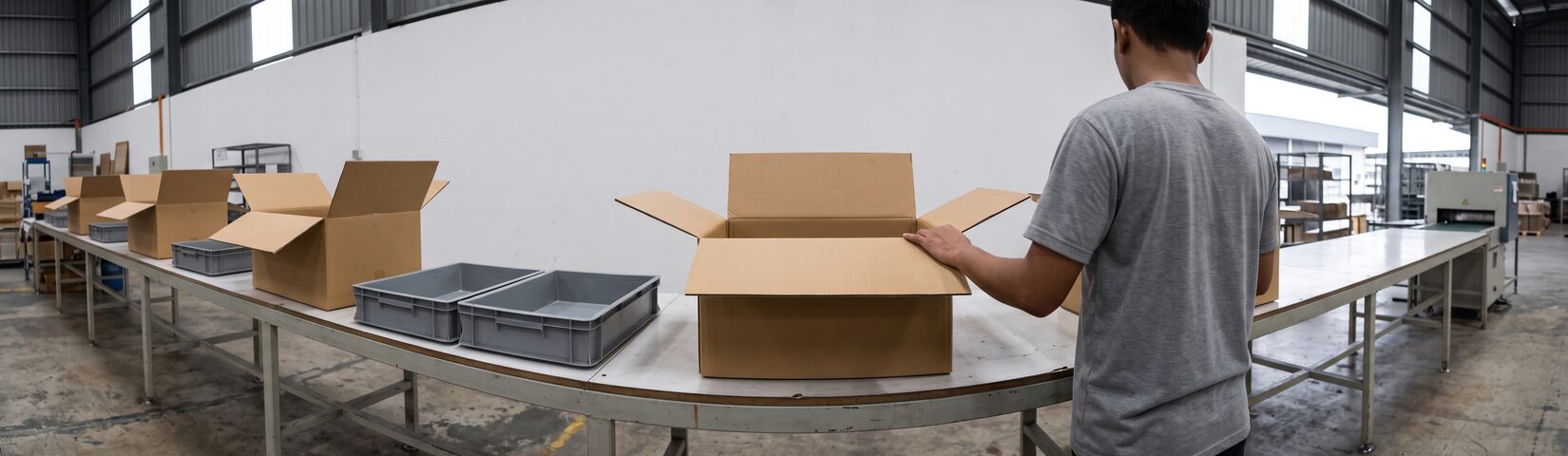 A long inspection bench of opened cartons and empty trays, an operator working at one end.