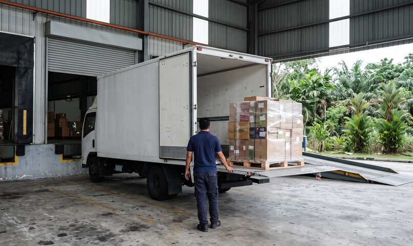 A box truck at a loading bay, tail lift down with a wrapped pallet on it.