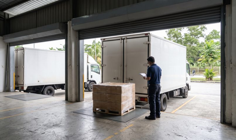 A box truck at a loading bay with a wrapped pallet on the dock plate and a worker checking paperwork.