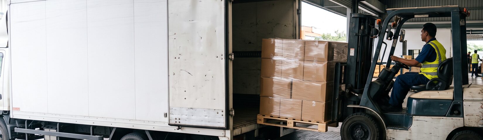 A forklift loading a wrapped pallet into the back of a box truck at a bay.